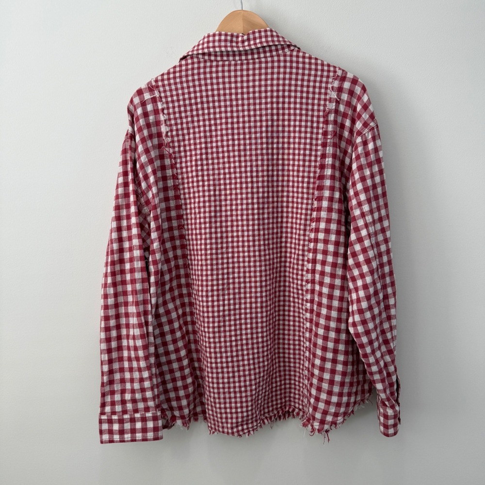 Oli & Hali Multi Buffalo Check Fringe Button Up Top Shacket L Red Side Pockets - Picture 9 of 9